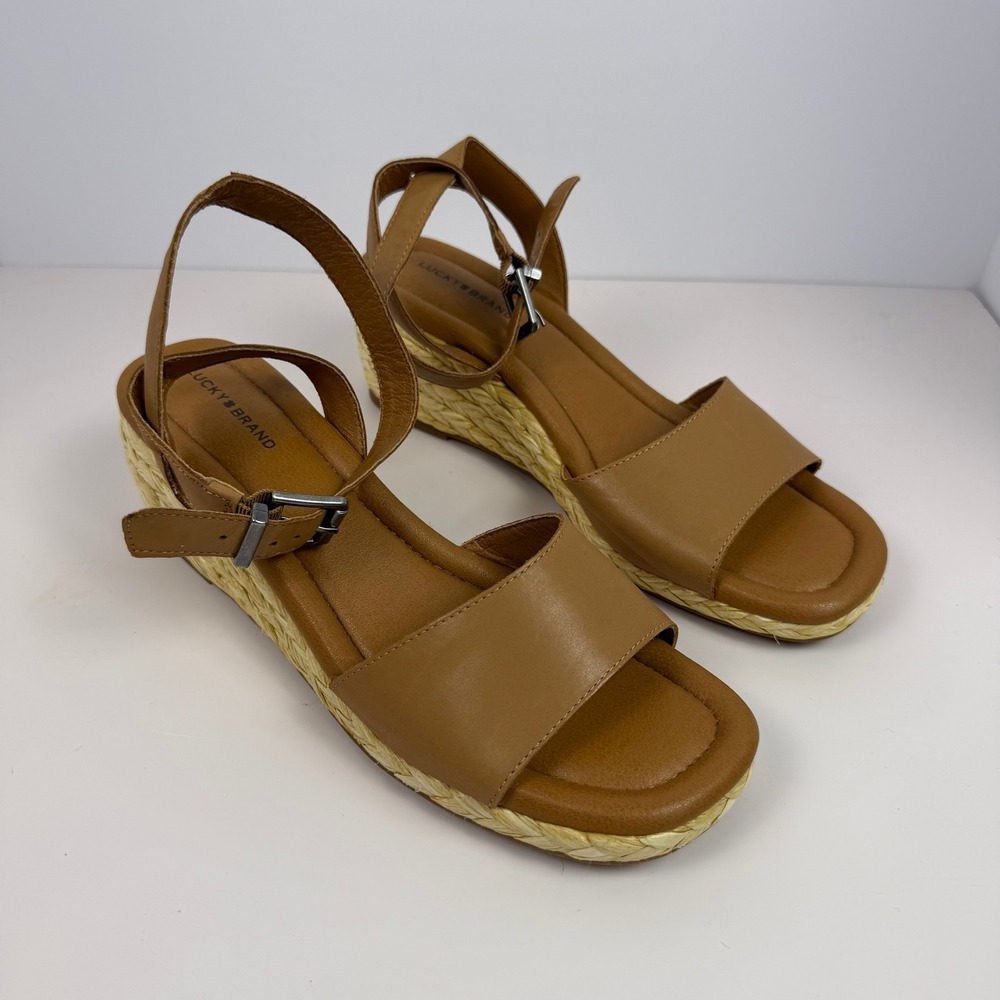 Lucky Brand Boho Minimalist Womens Espadrille Wedge Sandals Tan Leather